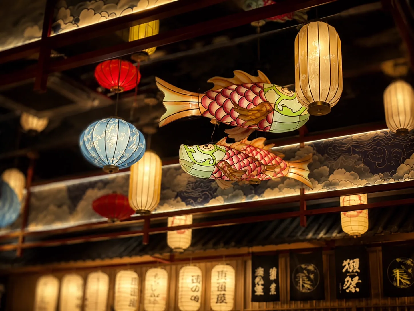 Décor japonais avec lanternes chez O'Gourmand