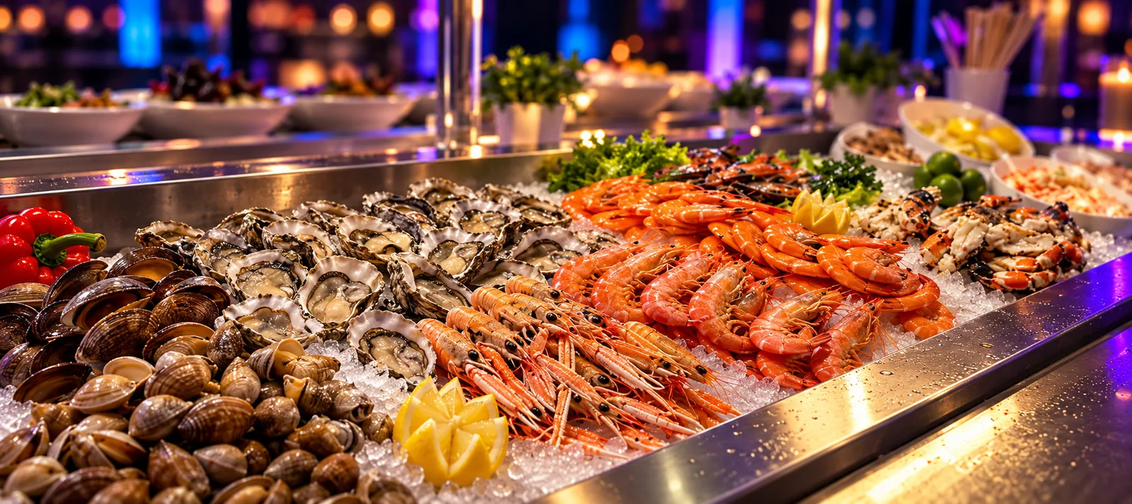 Buffet de fruits de mer sous néons bleu et or chez O'Gourmand