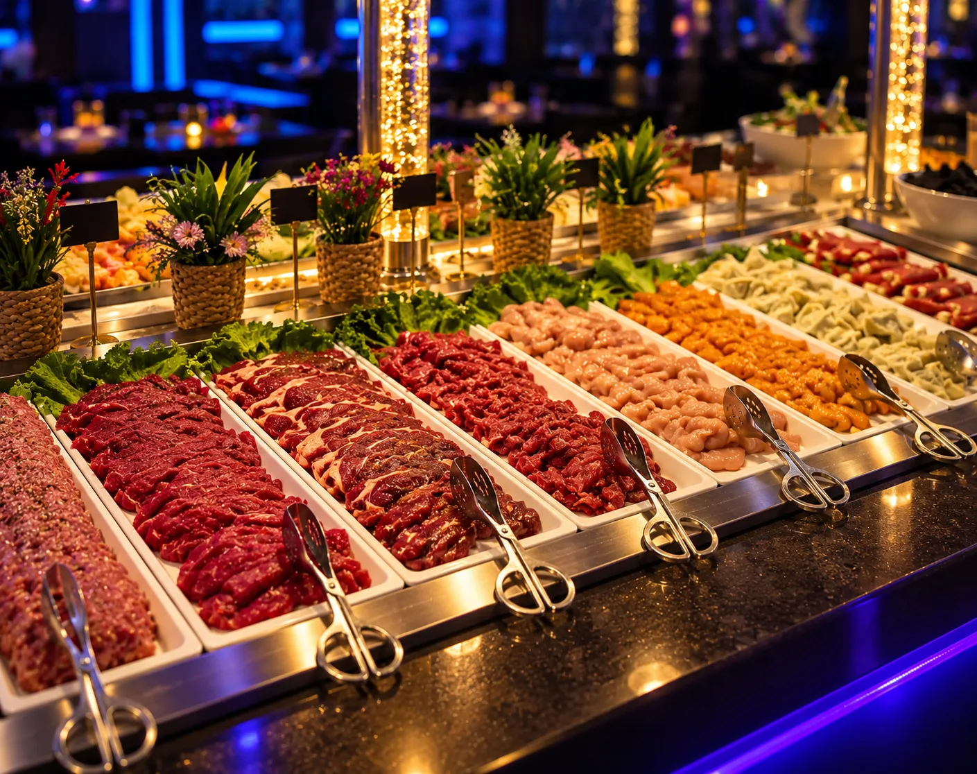 Buffet de produits frais sous lumière bleu et or chez O'Gourmand