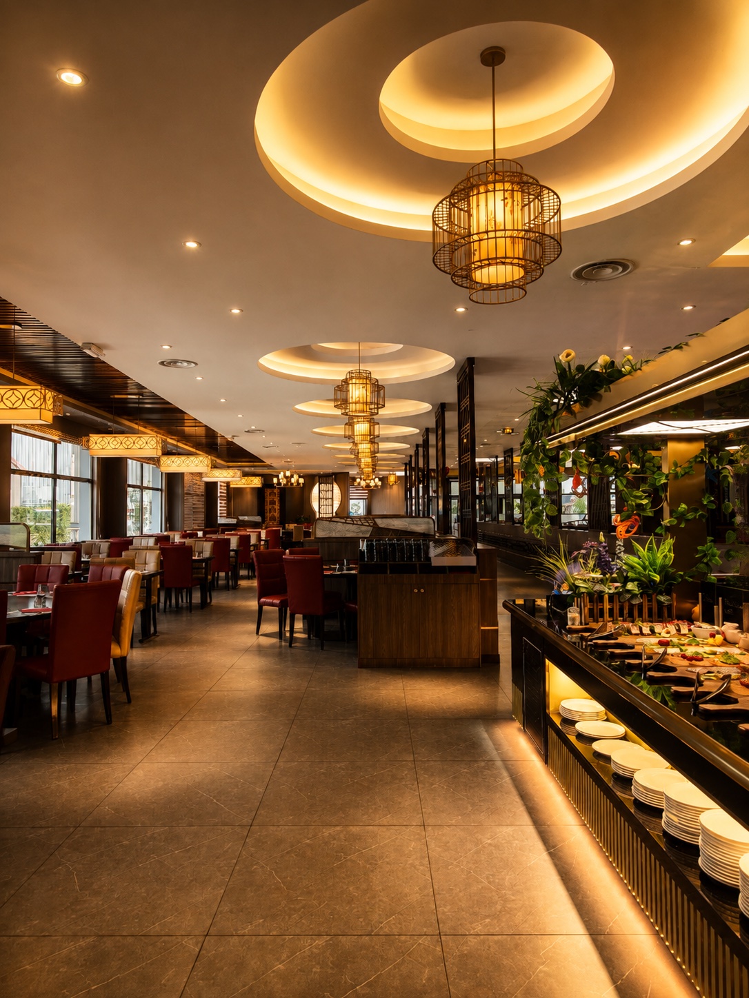 Vue panoramique de la salle et du buffet Bonheur d'Asie