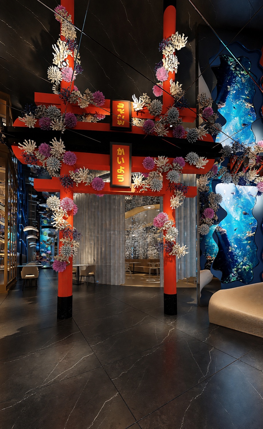Torii rouge et decor marin japonais