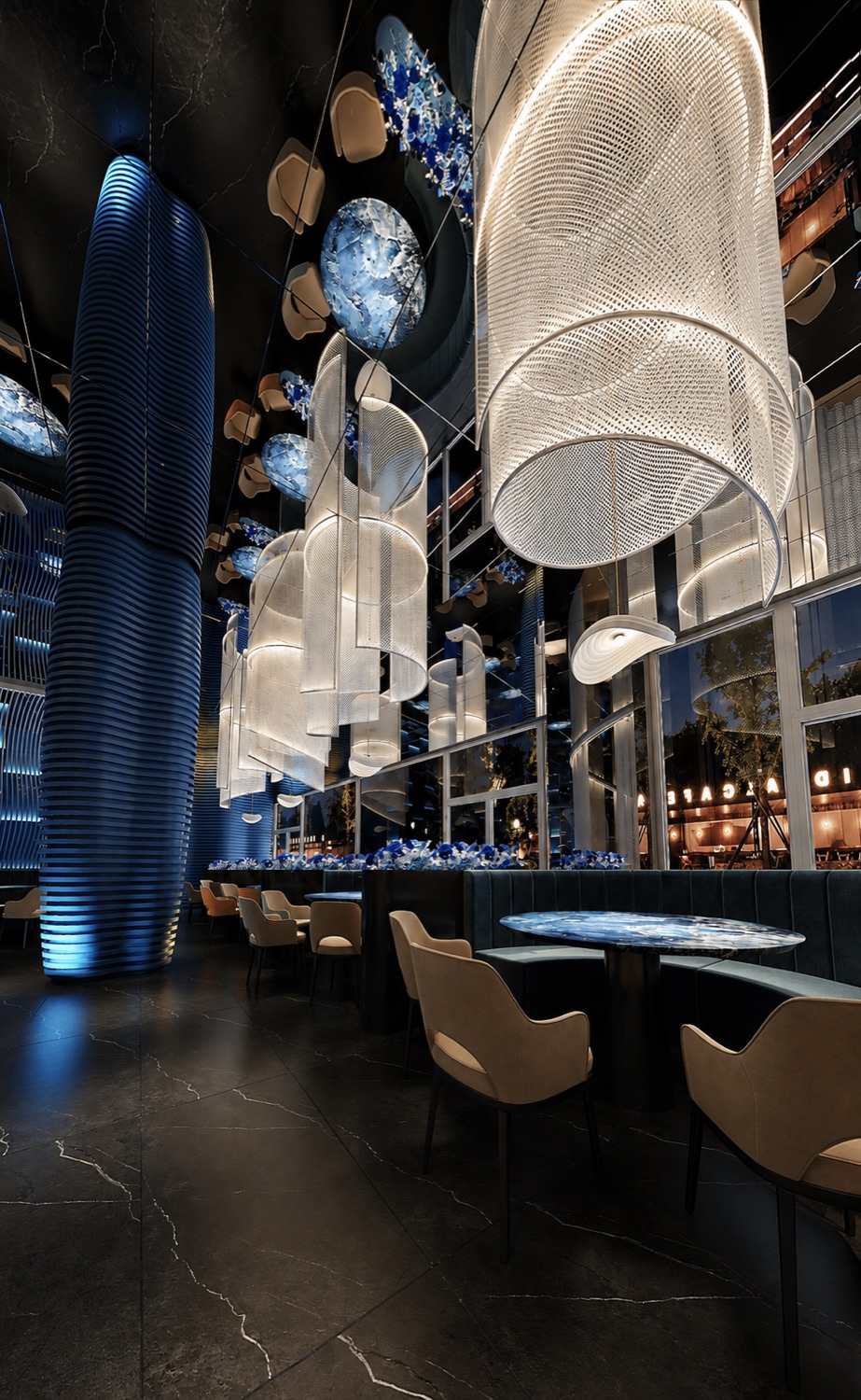 Luminaires blancs et banquettes bleu nuit