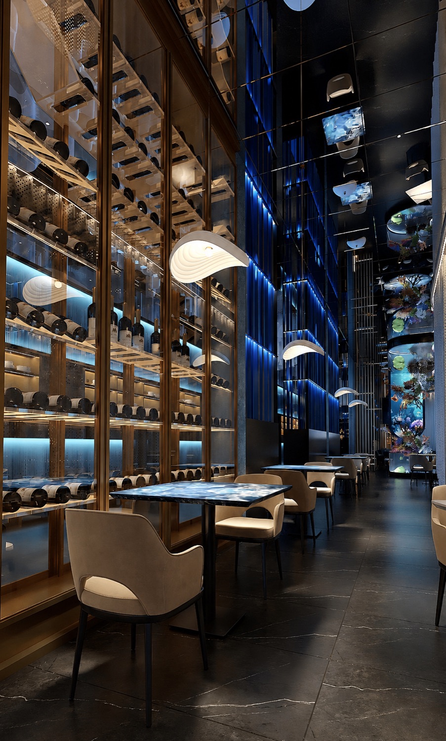 Couloir Kaiyo Sushi avec cave a vins et lumiere bleue