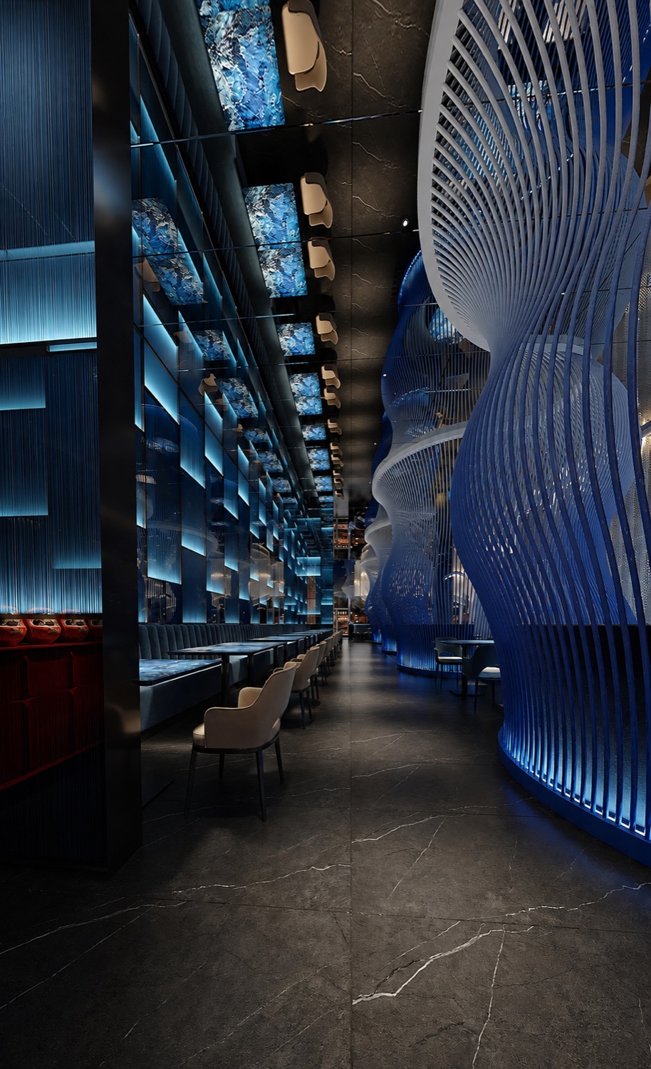 Salle Kaiyo Sushi aux lames bleues et pierre sombre