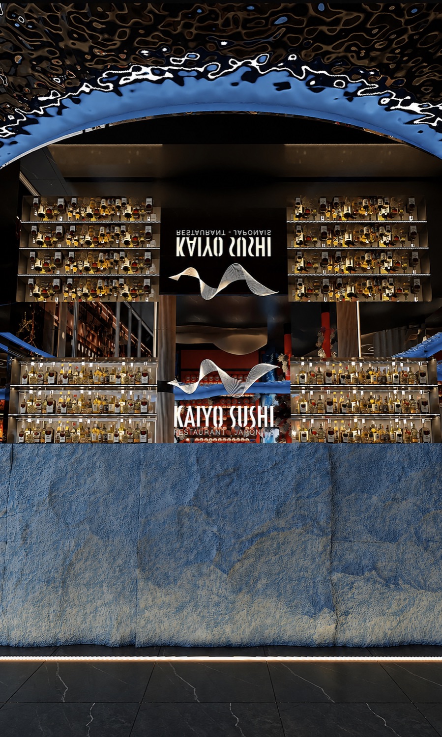 Bar Kaiyo Sushi avec comptoir bleu texture eau