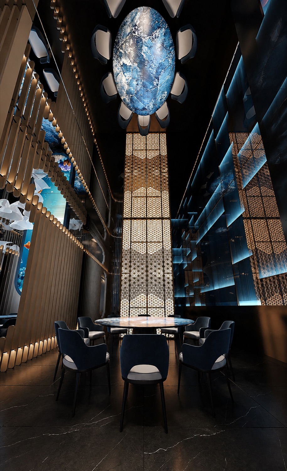 Table Kaiyo Sushi sous plafond lumineux bleu