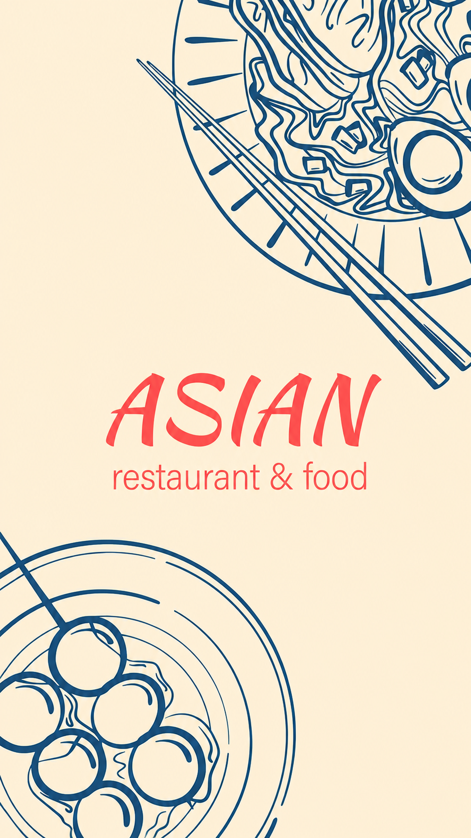 Illustration Asian restaurant & food avec plats asiatiques et baguettes