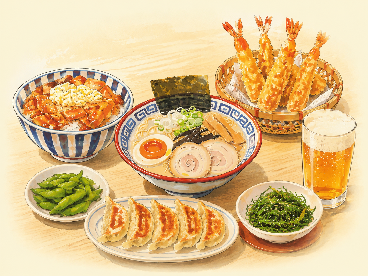 Illustration Mikoro avec ramen, gyoza, tempura, donburi, biere et edamame