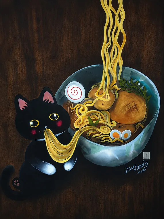 Toile peinte sur bois&nbsp;: chat noir aspirant une nouille &agrave; c&ocirc;t&eacute; d&rsquo;un bol de ramen