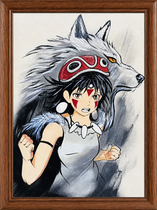 Toile encadr&eacute;e en noir et blanc&nbsp;: jeune fille au visage peint devant un grand loup