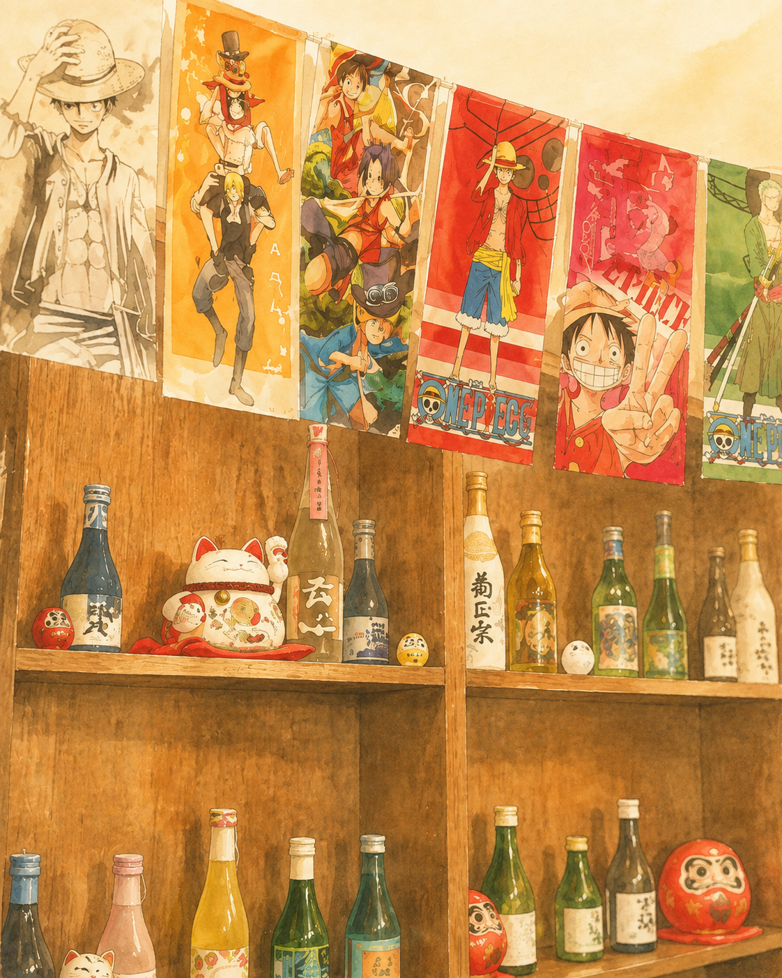 Version illustr&eacute;e de la salle Mikoro avec &eacute;tag&egrave;res, sak&eacute; et d&eacute;cors manga