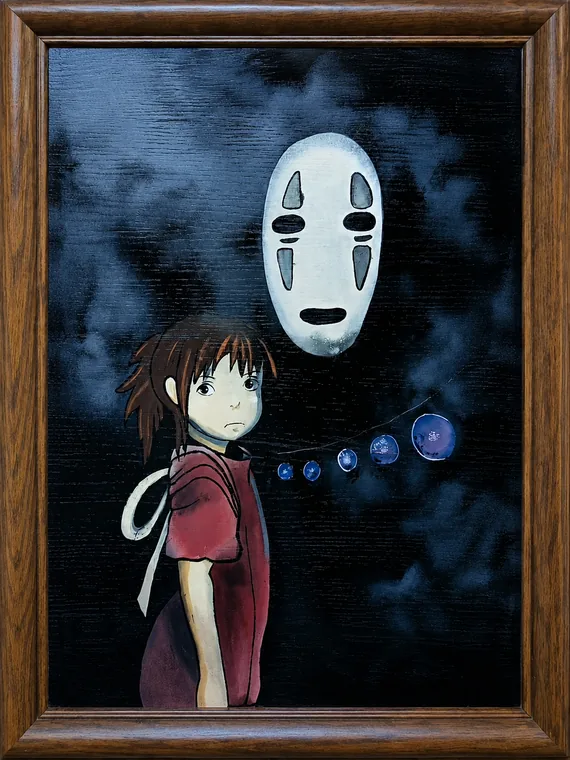 Toile encadr&eacute;e&nbsp;: silhouette d&rsquo;enfant et masque blanc flottant, lanternes bleues sur fond sombre