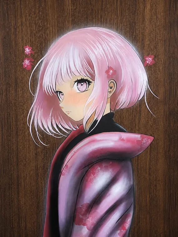 Toile peinte sur bois&nbsp;: jeune fille aux cheveux roses en kimono, fleurs de cerisier dans les cheveux