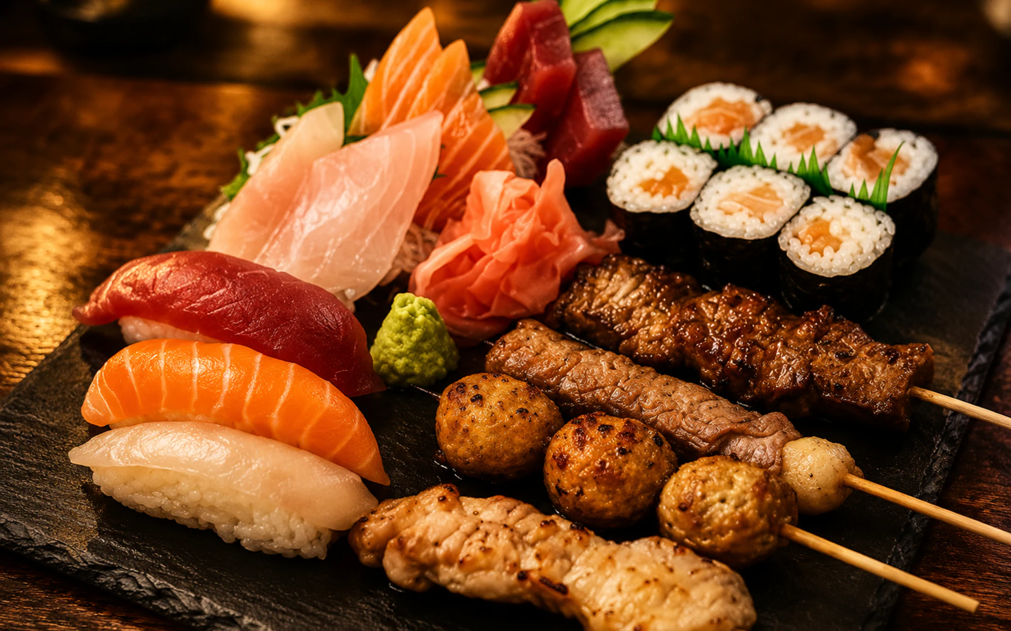 Assortiment de sushis, sashimis et brochettes de Mochi Mochi