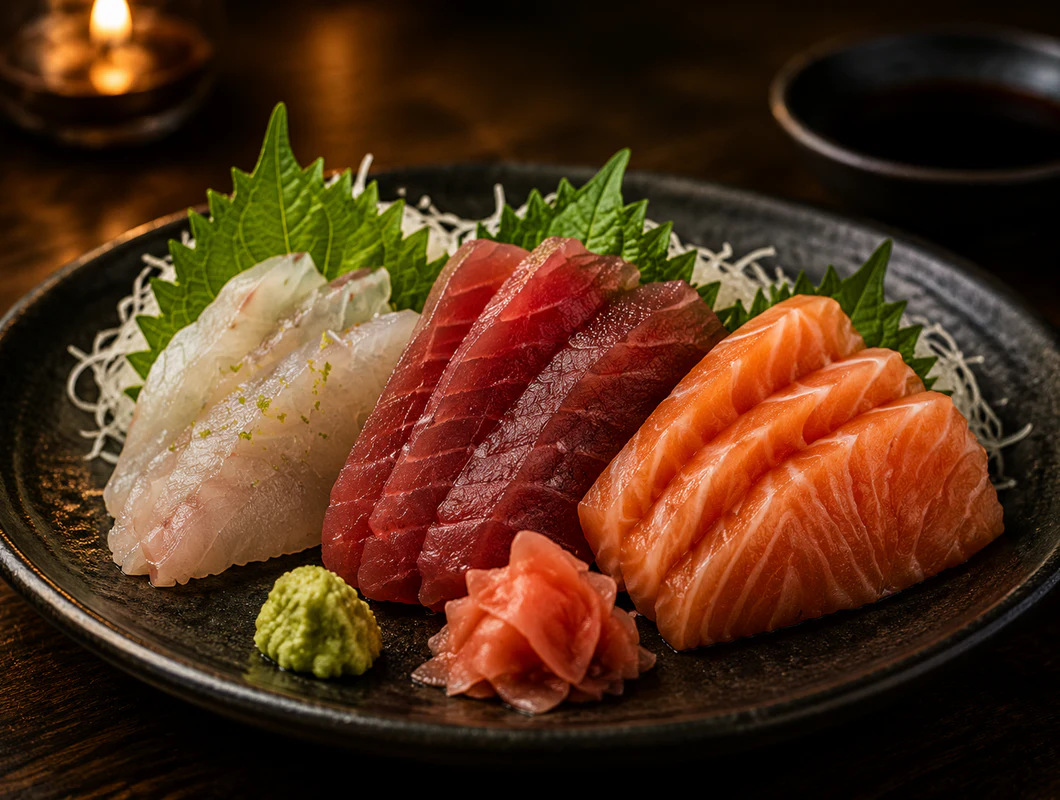 Assortiment de sashimis de saumon, thon et poisson blanc
