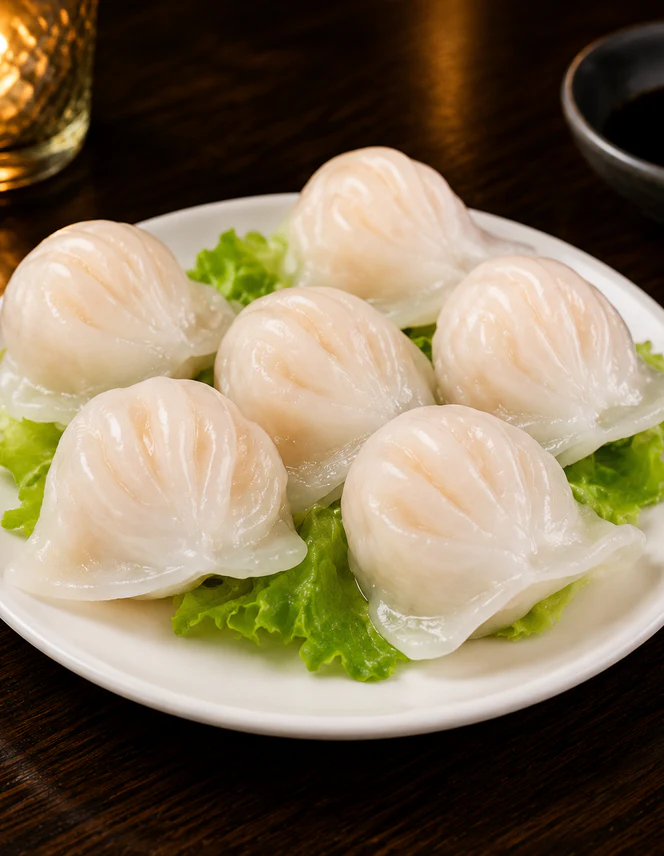 Raviolis vapeur aux crevettes sur lit de salade