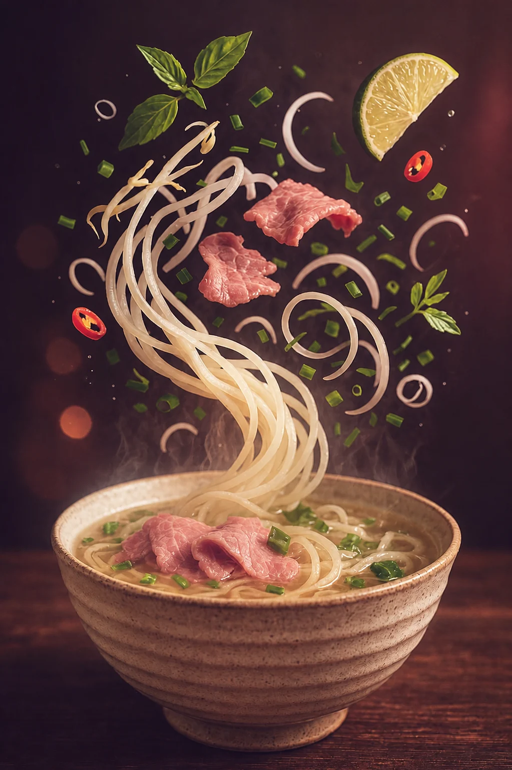 Bol de pho au bœuf avec nouilles, herbes fraîches, citron vert et piment