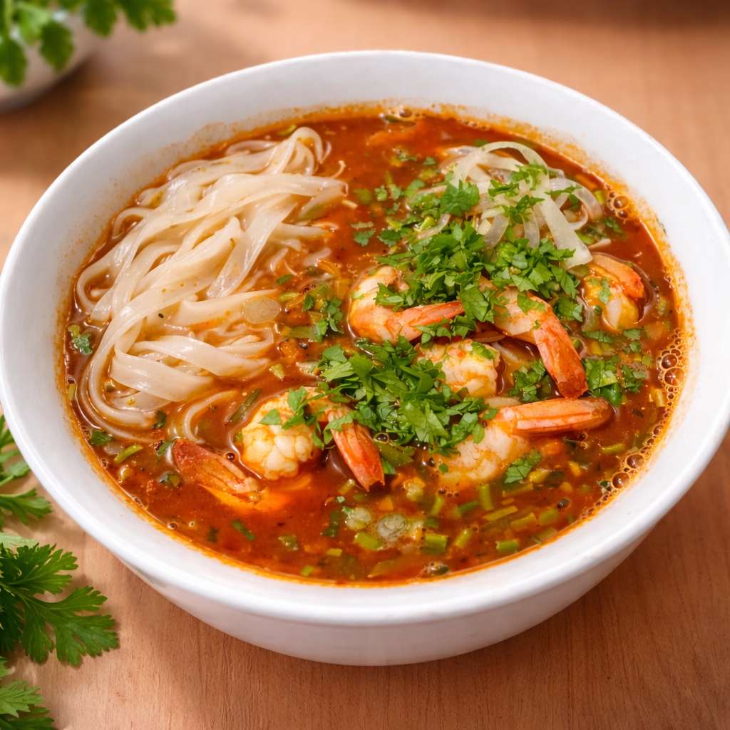 Soupe de nouilles épicée aux crevettes et coriandre