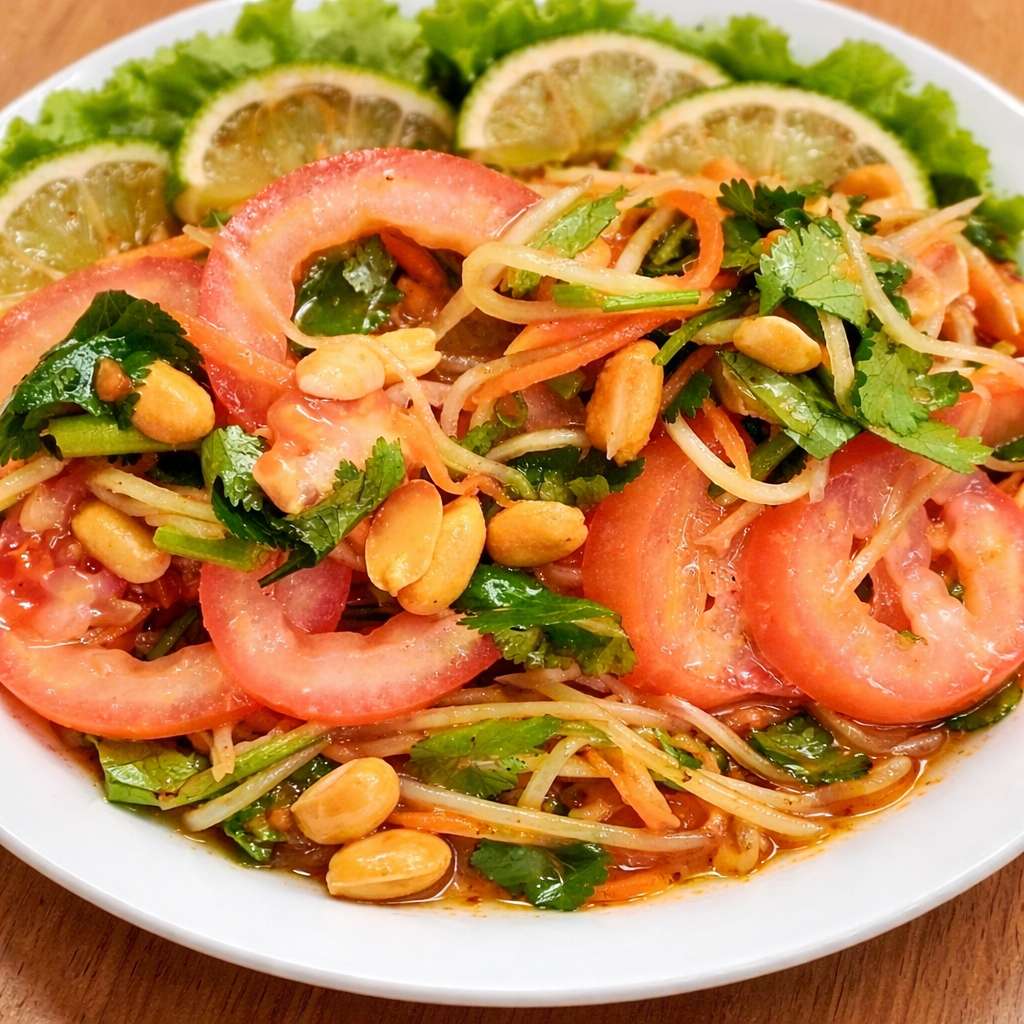 Salade vietnamienne aux tomates, citron vert, coriandre et cacahuètes