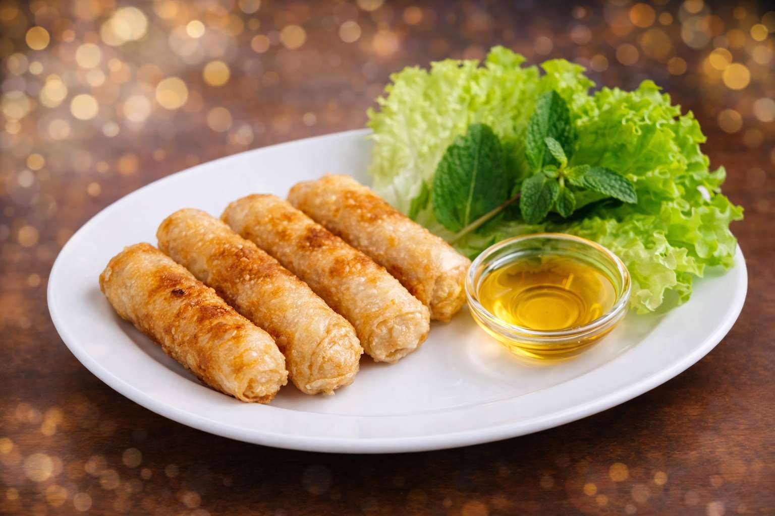 Nems croustillants servis avec salade, menthe et sauce