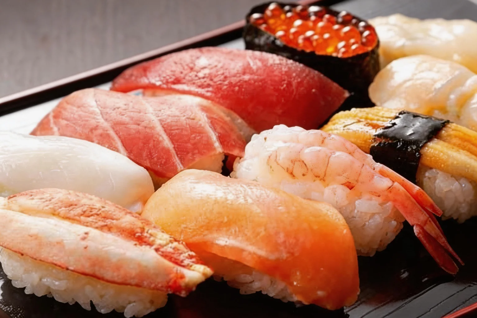 Sushis variés sur un plateau laqué sombre.