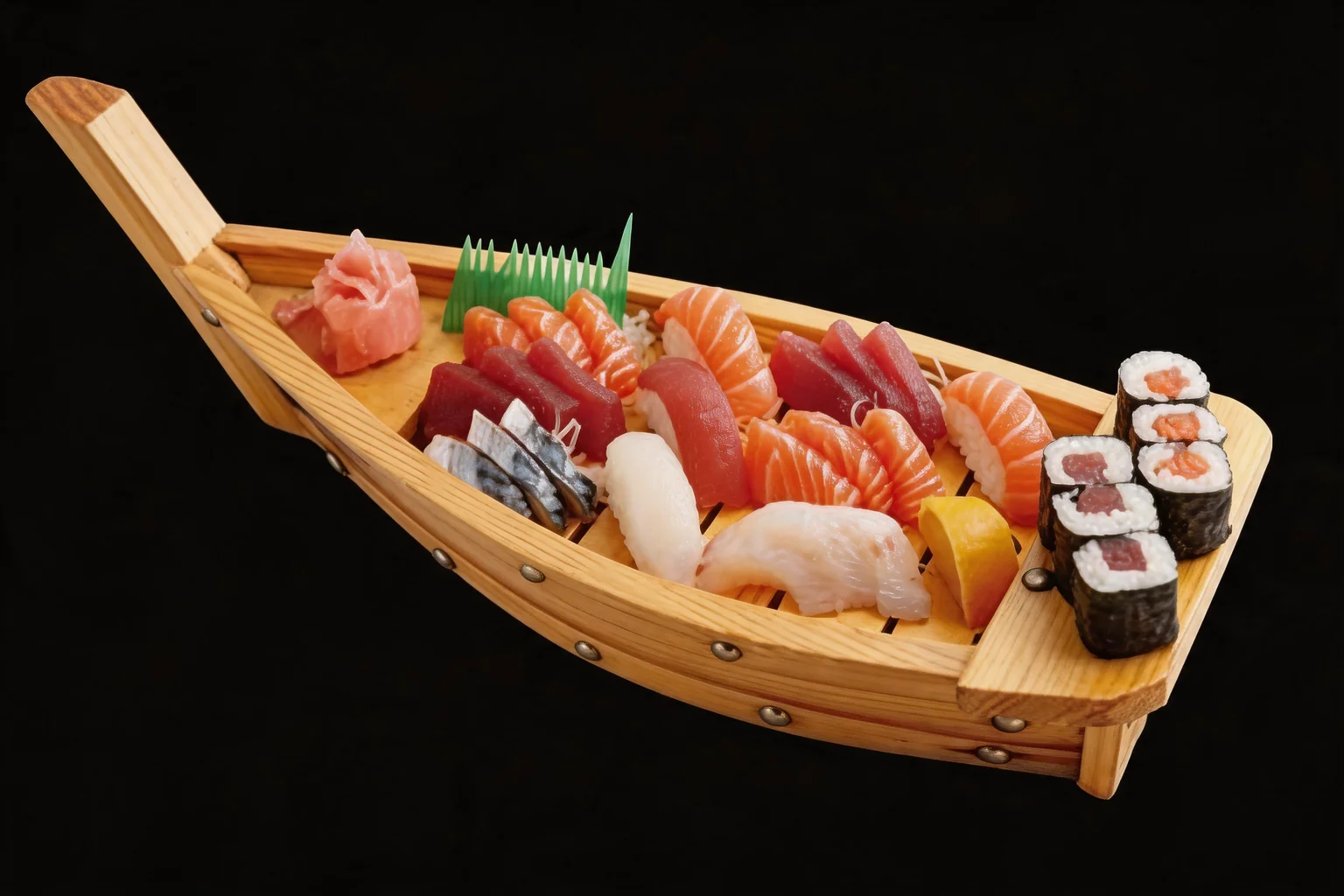 BATEAU 1 : sushis, makis et sashimis dans un bateau en bois, fond noir.