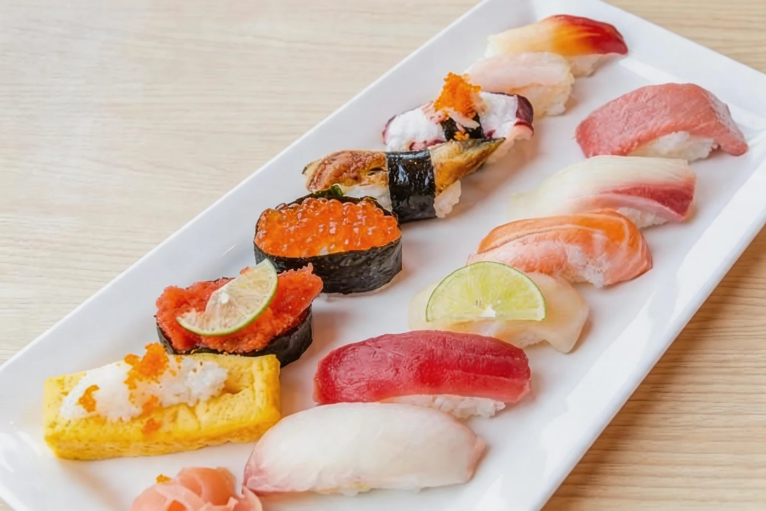 Sushis alignés sur un plat rectangulaire blanc, table en bois clair.