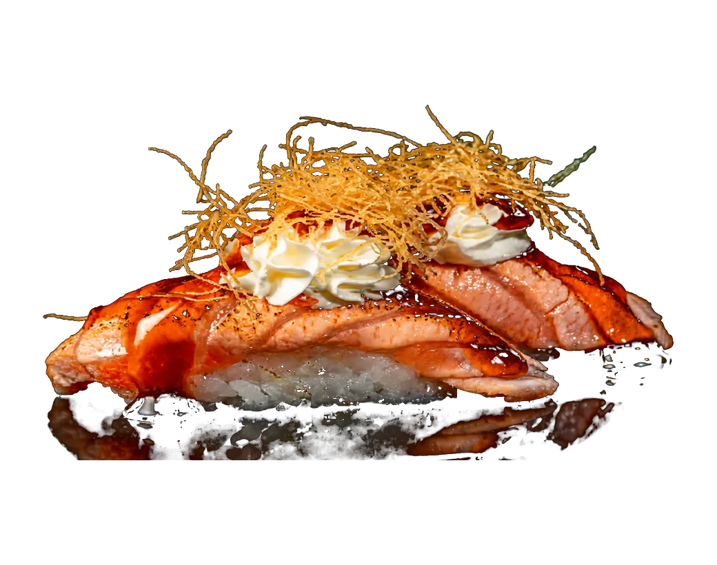 Nigiri salmón con queso, pasta kataifi y salsa teriyaki