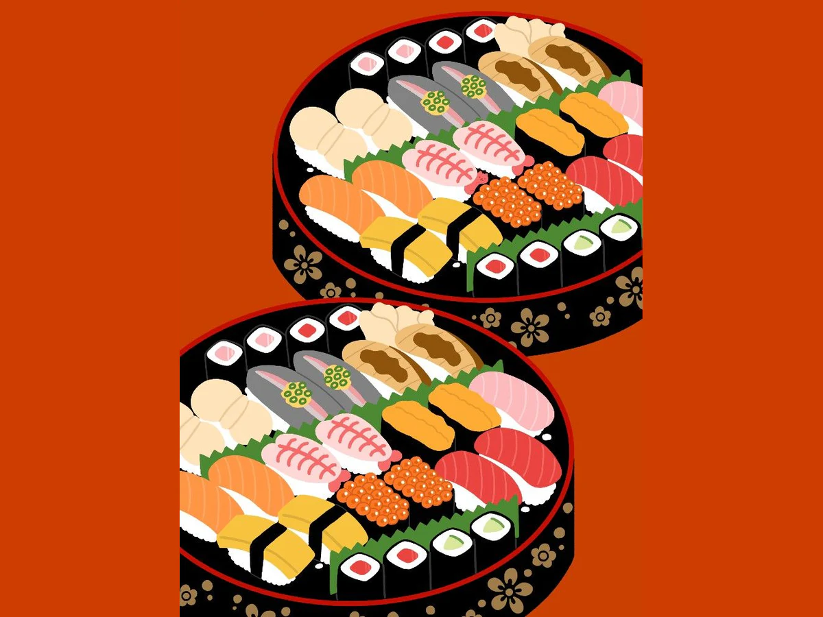 Geïllustreerd sushiassortiment voor afhalen