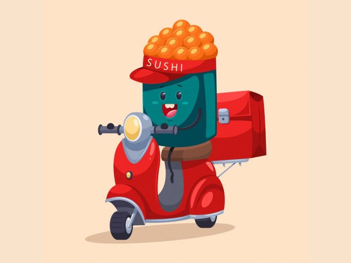 Geïllustreerde sushi-bezorger op een scooter