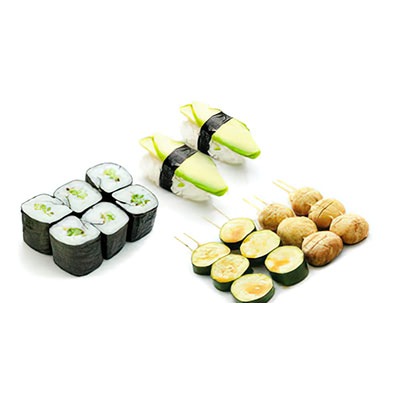 V2 - 6 maki concombre, 2 sushi avocat, 4 brochettes (2 champignons, 2 courgettes)