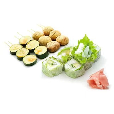 V1 - 6 maki printemps concombre avocat, 4 brochettes (2 champignons, 2 courgettes)