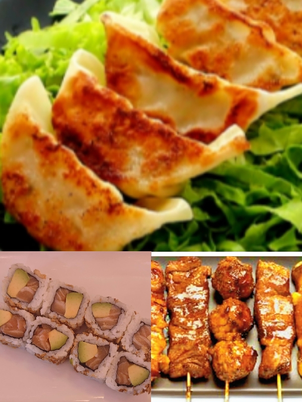 menuR 5- 8california saumon,4 pieces goyza,4 brochette (2brochette de boulettes,1poulet,1beuf fromage)