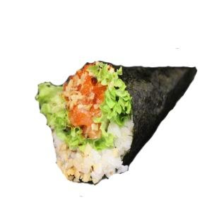 T13. Temaki con tartare di salmone, tobiko e mandorle