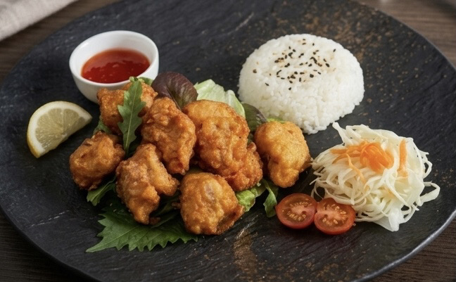 PC5. 8 Tempura Poulet avec soupe, salade et riz