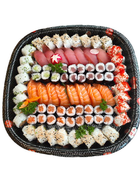 P117 Uramaki 32pièces, Makis Thon 12 pièces ,Makis Saumon18 pièces, Makis au Concombre 6 pièces, Nigiris au Saumon 8 pièces,Nigiris au Thon 7 pièces