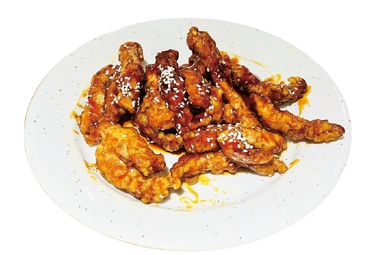 Fried pork tenderloin in caramel sauce