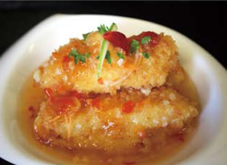 *73. Pesce bianco impanato fritto a in salsa agrodolce