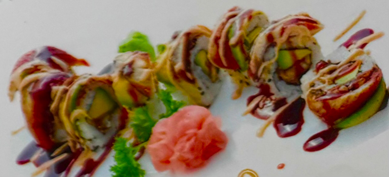 *231. California anguille (8 pièces) à l’intérieur, tempura, crevettes