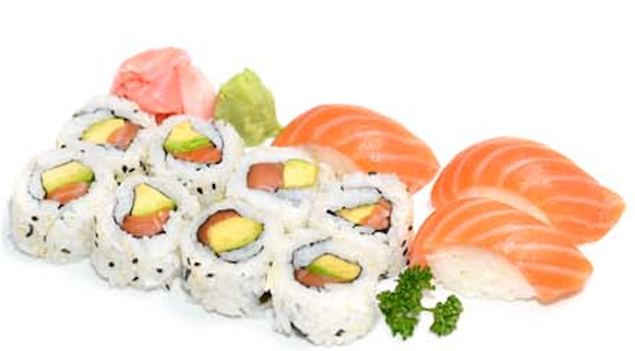 M18. 8 Calfornia saumon, 3 Sushi saumon