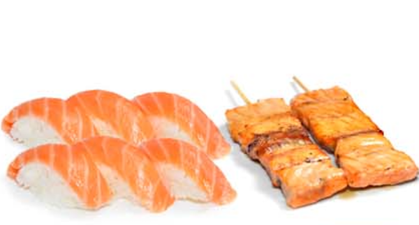 F9. 6 Sushi saumon 2 Brochettes saumon