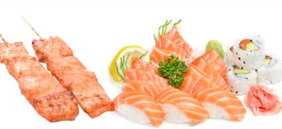 M12. 9 Sashimi saumon, 3 Sushi saumon, 4 Caifornia saumon, 2 Brochettes