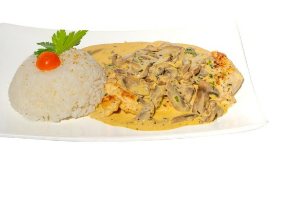 S1. White rice with pork steak and mushrooms