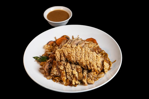 F28R. Knusprige Ente mit Sesam. Erdnusssoße und gebratenen vegetarischen Reis
