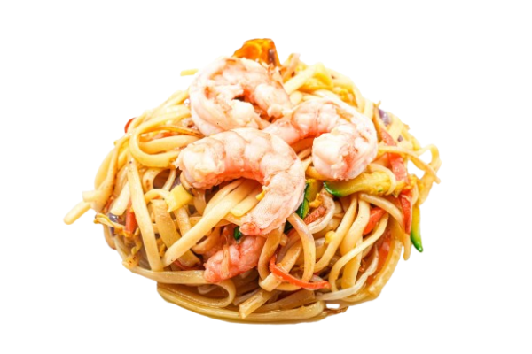 37. SPAGHETTI SULLA PIASTRA CON VERDURE UOVA E GAMBERI*