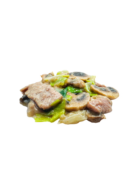 66. MANZO SULLA PIASTRA con porri e funghi champignon