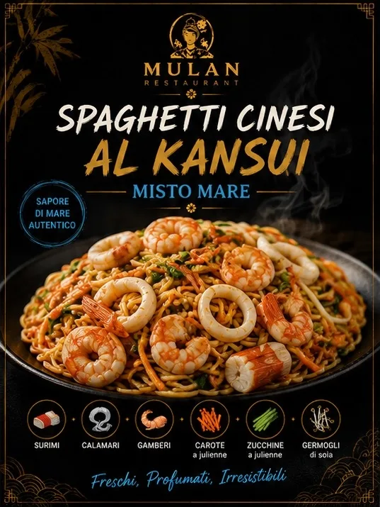 spaghetti al kandsui frutti di mare e verdure