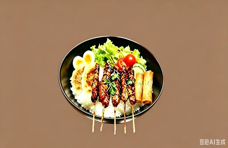 A1.2 gyoza. 2 nêms. 5 brochettes de poulet,œuf dur,et riz nature