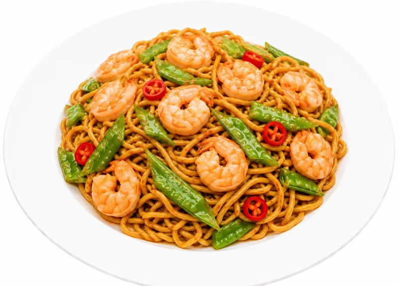 123. Nouilles maison vapeur,garnies de crevettes sautées 鲜虾蒸面